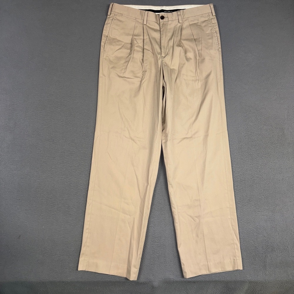 Eddie Bauer Pants Mens 36x34 Brown Pleated Relaxed Fit Wrinkle Resistant Khaki